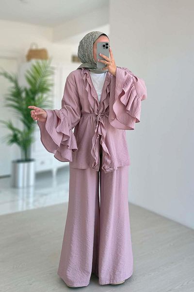 Ka Hijab Σετ μανίκι βολάν με λεπτομέρεια βολάν - ροζ
