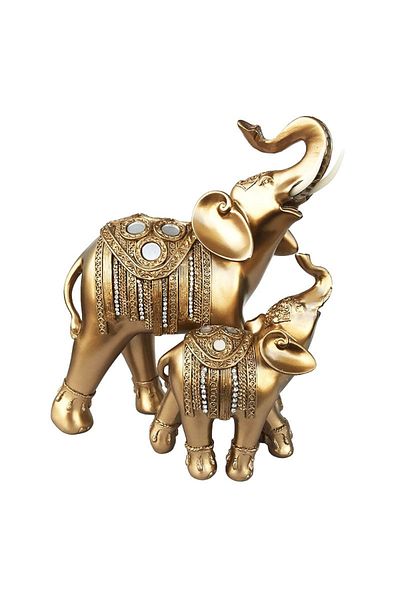 BV Decorative elephant statuette with cubs and crystals, Gold, 24 cm, 508H-1
