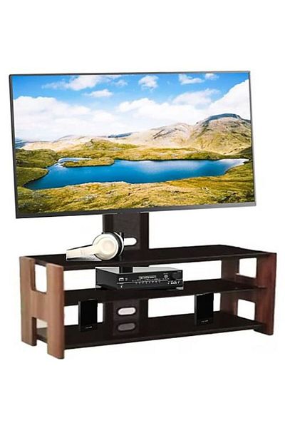 AWF AL WADI FURNITURE Rocky H-style 3tier Tempered Glass Steel Tv Mount Stand Tv Rack Tv Unit With Wooden Frame, Oak Brown