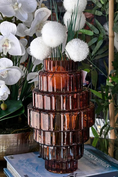 Genel Markalar Kat Kat Yuvarlak Dekoratif Amber Cam Vazo 30 Cm