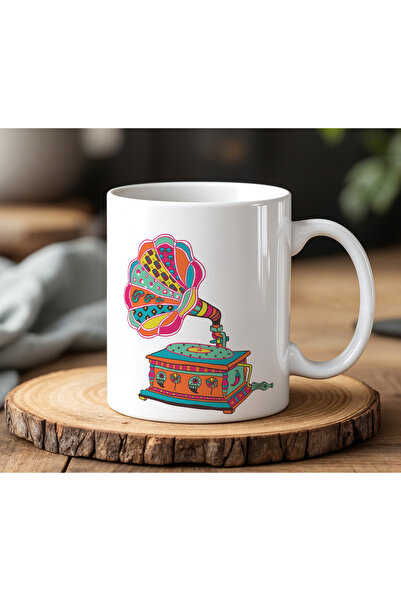 BB TRADE White Ceramic Printed Mug with Colorful Gramophone Design 330ml