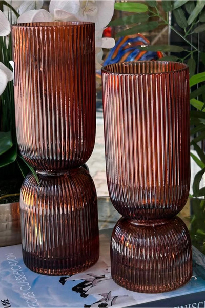 LEMİ DEKORASYON 2 Li Amber Cam Boğumlu Vazo 27-31 Cm