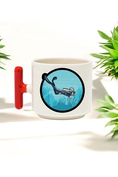BB TRADE Diving Designed Red t Handle Ceramic Printed Mug Cup 250 ml