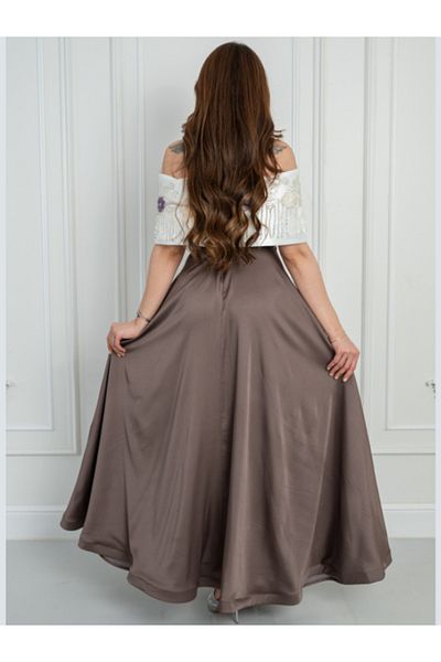 Nice Model Elegant Off-Shoulder Embroidered Maxi Dress with Purple Floral Details & Beaded Fringe