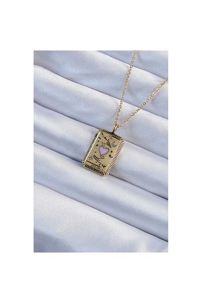 Skygo 316L Steel Chain Tumbled Gold Color Pink Enamel Heart Figured Tarot Necklace - Tj-Bko9231