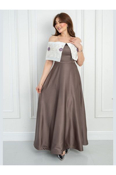 Nice Model Elegant Off-Shoulder Embroidered Maxi Dress with Purple Floral Details & Beaded Fringe