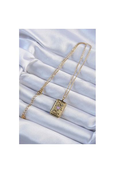Skygo 316L Steel Chain Tumbled Gold Color Pink Enamel Heart Figured Tarot Necklace - Tj-Bko9231
