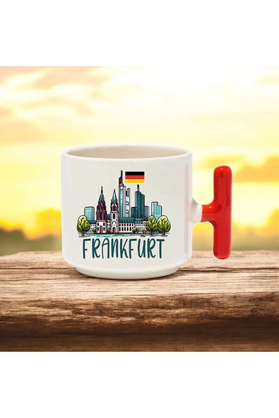 BB TRADE Frankfurt Designed Red t Handle Ceramic Printed Mug 250 ml