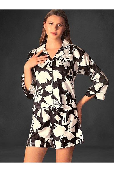 FLZ Cămașă din satin jacquard Pantaloni scurți Set de sus și de jos cu model