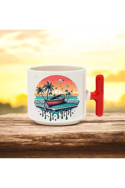 BB TRADE Red T-Handle Ceramic Printed Mug with Seaside Design 250 ml
