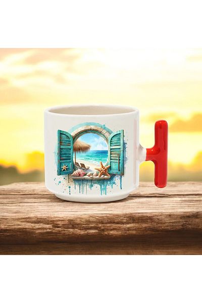 BB TRADE Red T-Handle Ceramic Printed Mug with Seaside Window Design 250 ml