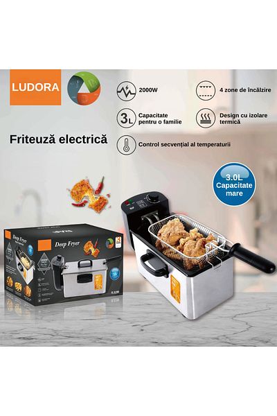 LUDORA Oil Fryer, Electric, Stainless Steel, Capacity 3l, Power 2000w, Adjustable Temperature 0-190°c