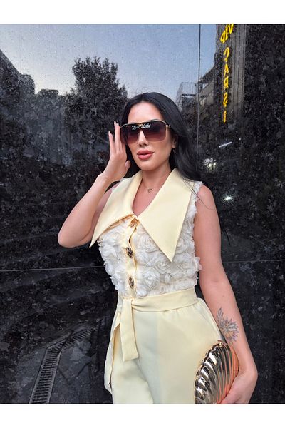 1Moda1Tarz Women's Imported Fabric Button Detailed Rose Patterned Belted Lined Special Design Jumpsuit Dress