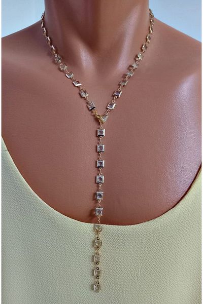 mos&more Gold White Square Stone Tarnish-Free Elegant Y Necklace