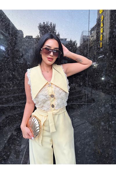 1Moda1Tarz Women's Imported Fabric Button Detailed Rose Patterned Belted Lined Special Design Jumpsuit Dress