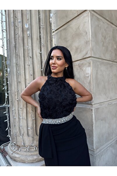 1Moda1Tarz Women's Imported Fabric Shawl and Stone Embroidery Detailed Rose Patterned Slit Lined Special Design Dress