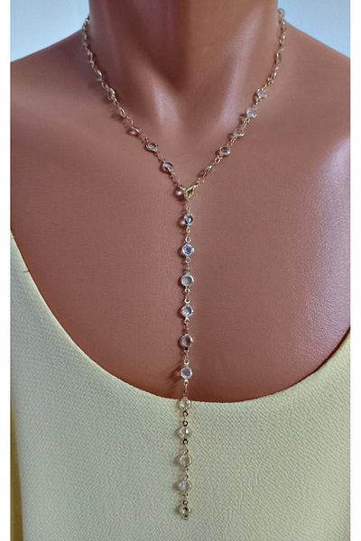 mos&more Gold White Round Stone Tarnish-Free Elegant Y Necklace