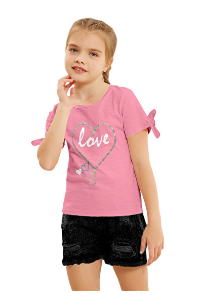 LAUREN SMITH Kids Girls Fashion Tie up Sleeve Tee with Foil Print 100 percent Cotton