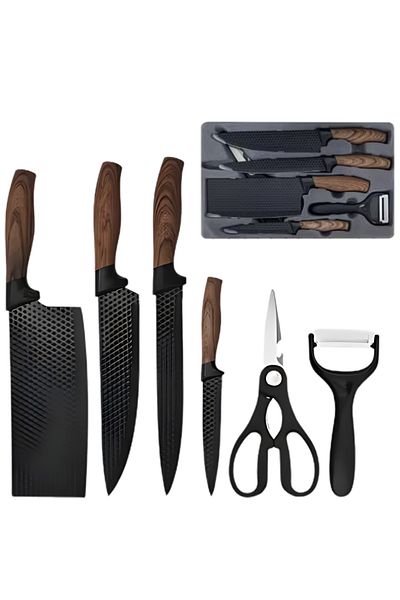 LUDORA Kitchen knife set, stainless steel, 6 pieces, 4 kitchen knives, 1 stainless steel scissors