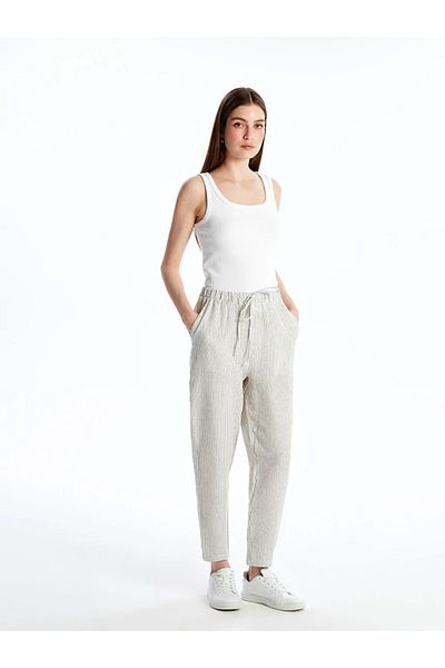 LC Waikiki Lcwaikiki Classic Black Elastic Waist Striped Muslin Women's Trousers