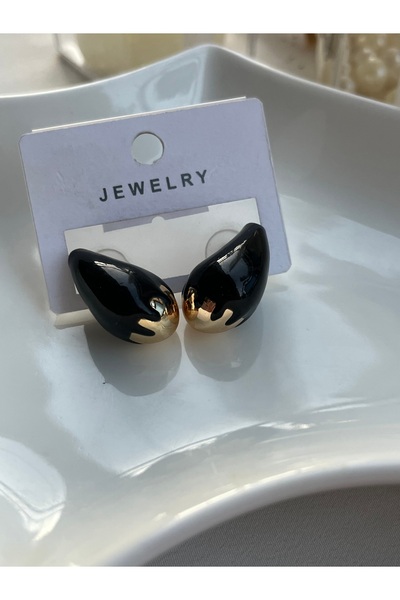 Metal Black Drop Form Gold Detailed Earrings