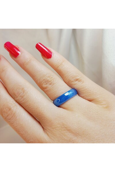 Crystal Atelier Sertifikalı Mavi Doğal Akik Taşı Nazar Yüzüğü