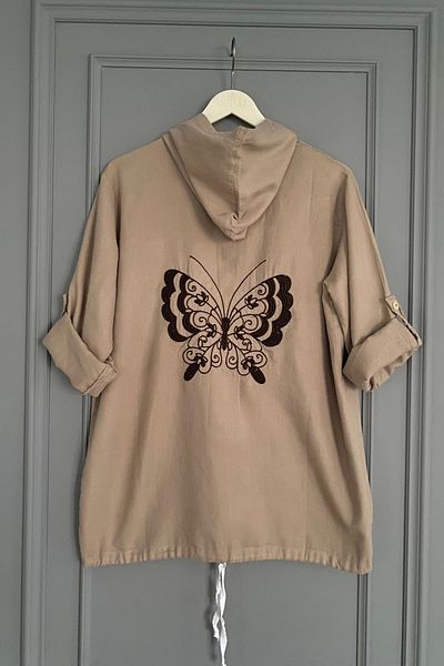 Bİ.GİYSEN Women's Coffee Plus Size Butterfly Embroidered Sleeve Fold Cotton Linen Fabric Shirt Jacket