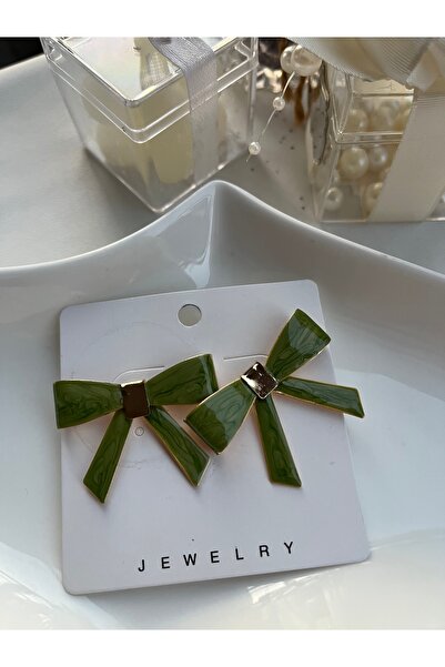 Metal Green Ribbon Form Gold Detailed Earrings