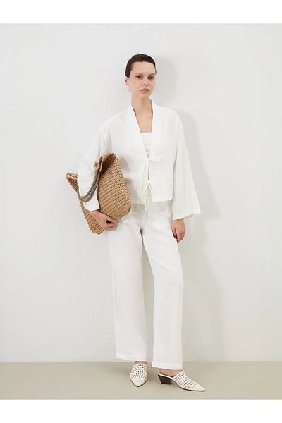 LC Waikiki Lcw Modest White Elastic Waist Textured Muslin Women's Trousers