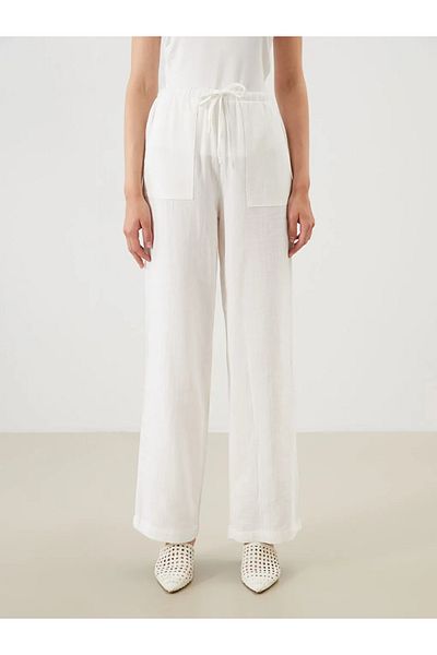 LC Waikiki Lcw Modest White Elastic Waist Textured Muslin Women's Trousers