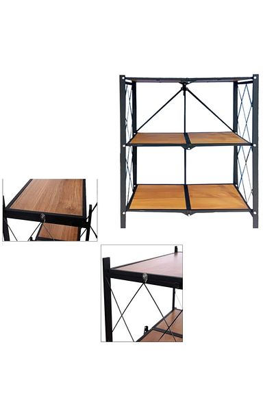 Trendat Heavy Duty Foldable Storage Rack with Wooden Shelf for Kitchen and Home 3 Tier