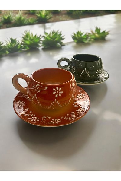 Artistic Quality Decorative Stylish Design Fully Handmade Green and Brown 2-Person Coffee Cup