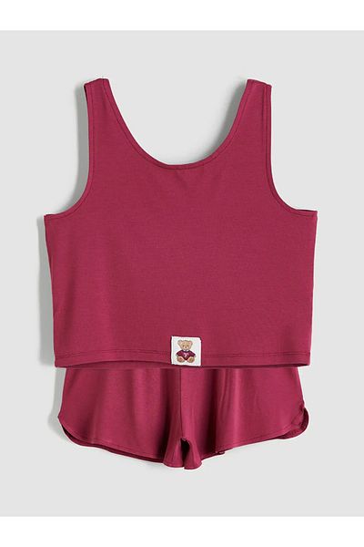 LC Waikiki Lcw Kids Burgundy U-Neck Bear Teddy Printed Girls' Shorts Pajamas Set