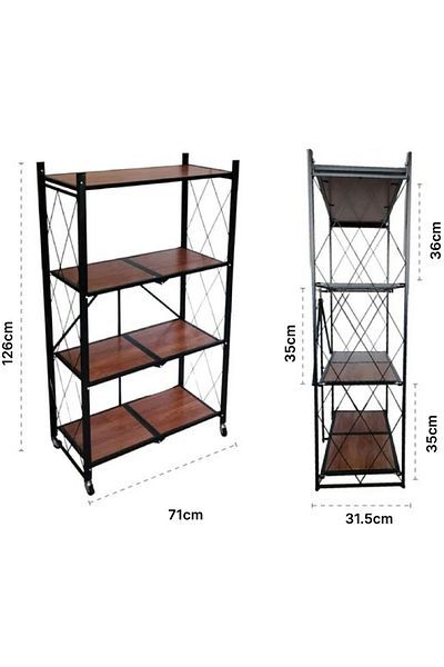 foryou Heavy Duty Foldable Storage Rack with Wooden Shelf for Kitchen and Home 4 Tier
