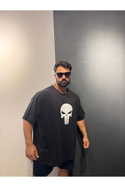 Bas Body FitnessWear Battal Size Punisher Printed Crew Neck Combed Cotton T-Shirt