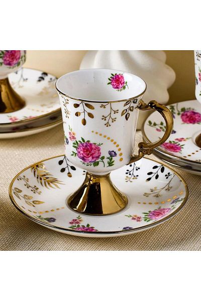 hinezahome Footed Gold Pink Cup Set Porcelain for 6 People