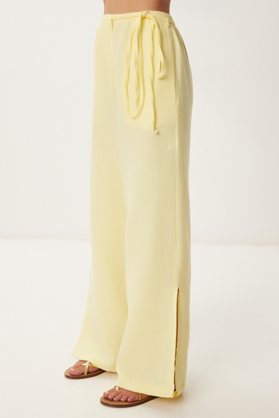 Lovelyİstanbul Lacing Detailed Slit Muslin Trousers Yellow Lbv0066
