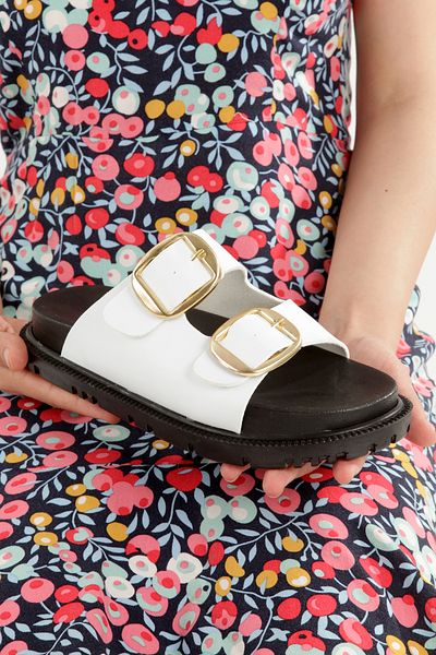 PAYZİN ''Sezen'' White Skin Double Yellow Buckle Black Sole Orthopedic Slippers New Season