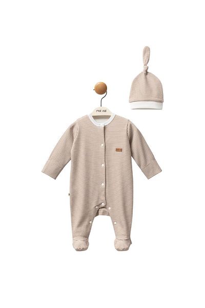 Minim Unisex Baby Romper with Striped Hat, Interlock Fabric, Snap Fastener Long Sleeve Booties Romper Set