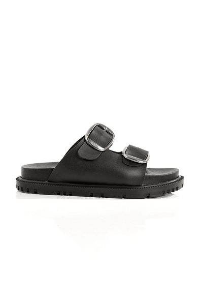 PAYZİN ''Sezen'' Black Skin Double Silver Buckle Black Sole Orthopedic Slippers New Season