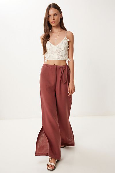 Lovelyİstanbul Tie Detailed Slit Muslin Trousers Tile Lbv0066