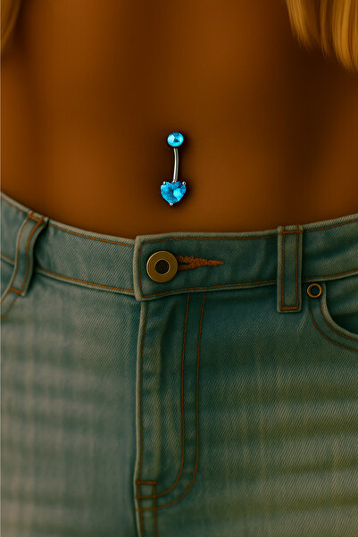 Wisdom Rain Turkuaz Kalp Taşlı 10 mm Göbek Piercing – 316L Cerrahi Çelik