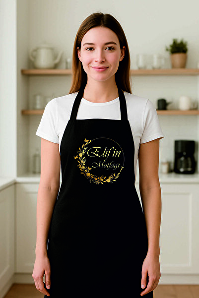 AFMAT Atölye Kişiye Özel “Elif’in Mutfağı” Yazılı Altın Detaylı Siyah Mutfak Önlüğü – Şık Tasarım