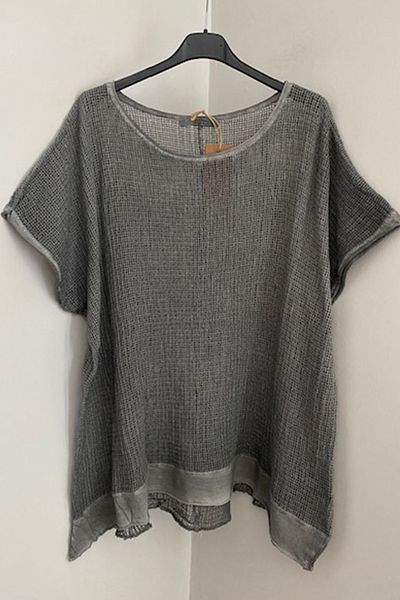 AYASOFYA OTANTIK Women's Anthracite Mesh Short Sleeve Loose Oversize Mesh Blouse