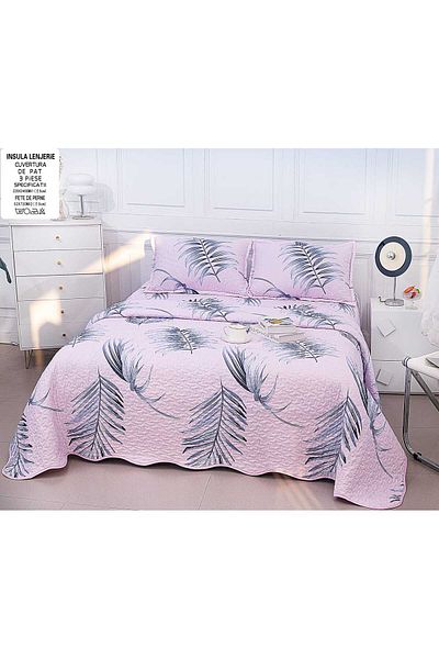 FIONNA.RO Double-Sided Quilted Cotton Blanket - Lilac With Exotic Leaves