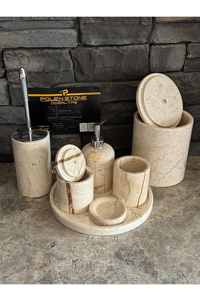 Polen Stone طقم حمام من الرخام البيج مكون من 7 قطع – أناقة طبيعية مع تفاصيل فضية