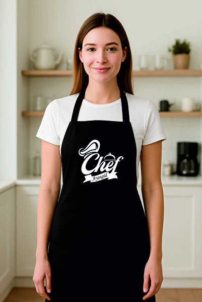 AFMAT Atölye Kişiye Özel “Chef Ayşegül” Yazılı Şık Siyah Şef Mutfak Önlüğü