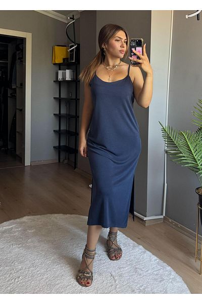Qenz Casual Dress with Shoulder Strap - Navy Blue