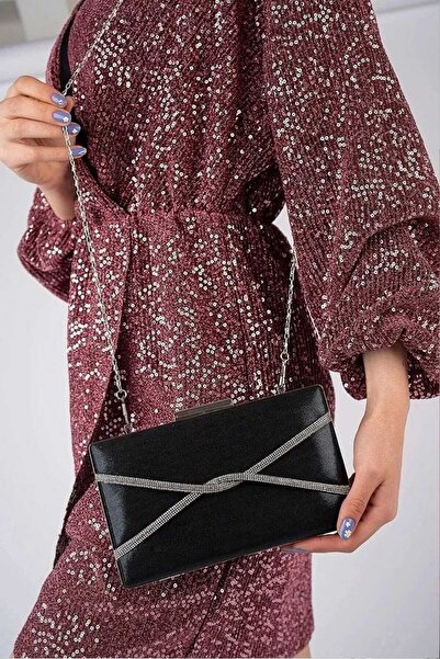 Efe SİMLİ ÇAPRAZ TAŞLI ZENCİR ASKILI ABİYE ÇANTA 22x11 CM