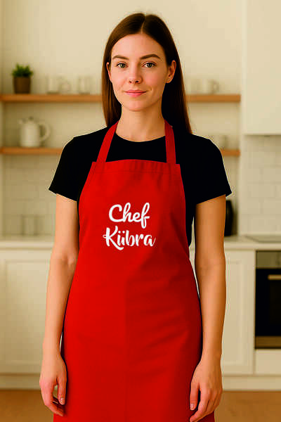 AFMAT Atölye Kişiye Özel "Chef Kübra" Yazılı Kırmızı Mutfak Önlüğü – Kadın Er...